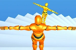 Kaksi oranssia robottihahmoa seisovat portaikossa, kädet levitettyinä sivuilleen kirkkaan sinistä taustaa vasten