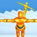 Kaksi oranssia robottihahmoa seisovat portaikossa, kädet levitettyinä sivuilleen kirkkaan sinistä taustaa vasten