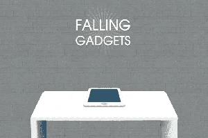 Harmaalla taustalla valkoinen pöytä, jonka päällä on tabletti, ja yläpuolella teksti FALLING GADGETS