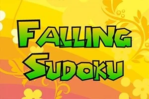 Värikäs tausta, jossa vihreät sanat Falling Sudoku ylösalaisin, ja taustalla keltaisia ja oransseja kuvioita