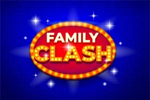 Sinisellä taustalla on punainen ovaali, jossa lukee Family Clash ja sen ympärillä on kirkkaita valoja ja tähtiä