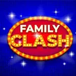 Sinisellä taustalla on punainen ovaali, jossa lukee Family Clash ja sen ympärillä on kirkkaita valoja ja tähtiä