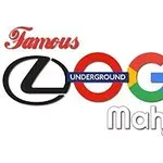 Tunnettujen logojen yhdistelmä, joissa on eri tyylillä kirjoitettuna sanat Famous Logo Underground Mahjong