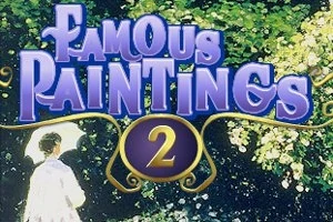 Nainen seisoo puutarhassa valkoisessa asussa ja katsoo kukkien peittämää seinämää, jonka yläpuolella on teksti Famous Paintings 2