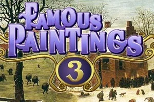 Kuvassa on teksti Famous Paintings 3 violeteilla kirjaimilla perinteisen maalausnäkymän edessä, jossa ihmiset kävelevät talvimaisemassa