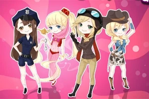 Neljä chibi-tyylistä hahmoa pukeutuneina eri asuihin: poliisi, prinsessa, lentäjä ja cowboy, vaaleanpunaisella taustalla