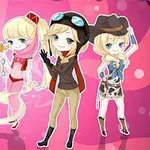 Neljä chibi-tyylistä hahmoa pukeutuneina eri asuihin: poliisi, prinsessa, lentäjä ja cowboy, vaaleanpunaisella taustalla
