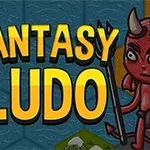 Keskellä kuvaa lukee Fantasy Ludo suurilla keltaisilla kirjaimilla, vasemmalla on hahmo kypärässä ja kilvellä, oikealla punainen hahmo sarvilla