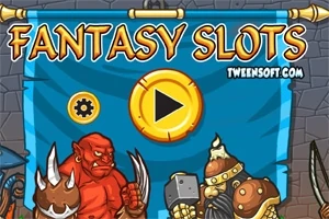 Kaksi piirroshahmoa, oranssi peikko ja panssaroitu soturi, seisovat sinisen taustan edessä, jonka yläpuolella lukee Fantasy Slots