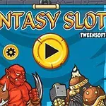 Kaksi piirroshahmoa, oranssi peikko ja panssaroitu soturi, seisovat sinisen taustan edessä, jonka yläpuolella lukee Fantasy Slots