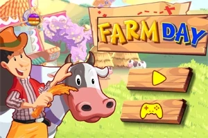 Sarjakuvamainen kuva, jossa hymyilevä maanviljelijä pitää olkea suussa ja lehmää taustalla maatila ja kyltti Farm Day