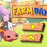 Sarjakuvamainen kuva, jossa hymyilevä maanviljelijä pitää olkea suussa ja lehmää taustalla maatila ja kyltti Farm Day