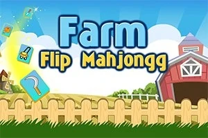 Kuvassa on piirretty maatila-aiheinen tausta, jossa on lato, aita ja sininen taivas sekä teksti Farm Flip Mahjongg