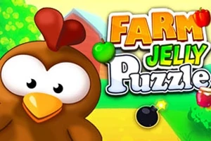 Ruskea sarjakuvakana ja teksti Farm Jelly Puzzle värikkään taustan edessä