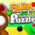 Ruskea sarjakuvakana ja teksti Farm Jelly Puzzle värikkään taustan edessä