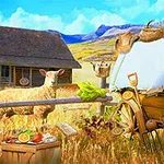Kuvassa on maalaistalon piha, jossa on lampaita, heinäpaaleja, vihanneksia, hedelmiä ja vanha puutalo taustalla