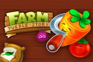 Värikäs kuva, jossa on hymyilevä porkkana, tomaatti ja sipuli puisella taustalla, sekä teksti Farm Puzzle Story