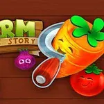 Värikäs kuva, jossa on hymyilevä porkkana, tomaatti ja sipuli puisella taustalla, sekä teksti Farm Puzzle Story