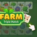 Vihreällä taustalla keskellä on laattoja, joissa on eläimiä ja hedelmiä, sekä iso teksti Farm Triple Match korostettuna