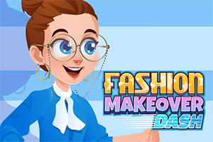 Sarjakuvatyylinen nainen sinisessä asussa ja silmälaseissa Fashion Makeover Dash -tekstin vieressä