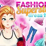 Kaksi anime-tyylistä hahmoa värikkäällä taustalla, ympärillään vaatteita ja asusteita