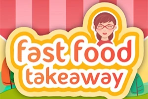 Piirros, jossa lukee fast food takeaway värikkäällä taustalla, ja ylhäällä naisfiguuri silmälaseilla