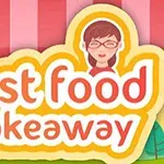 Piirros, jossa lukee fast food takeaway värikkäällä taustalla, ja ylhäällä naisfiguuri silmälaseilla