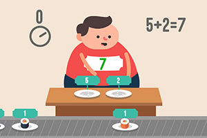 Mies punaisessa paidassa numerolla seitsemän seisoo kuljetushihnan edessä, jonka päällä on lautasellinen sushia, ja taustalla näkyy kellonaika sekä laskutehtävä 5+2=7