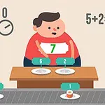 Mies punaisessa paidassa numerolla seitsemän seisoo kuljetushihnan edessä, jonka päällä on lautasellinen sushia, ja taustalla näkyy kellonaika sekä laskutehtävä 5+2=7