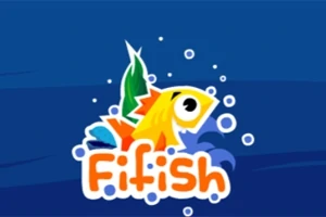 Kuvassa on keltainen piirretty kala sinisellä taustalla, ja sen ympärillä on kuplia sekä oranssi teksti Fifish