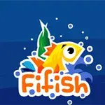 Kuvassa on keltainen piirretty kala sinisellä taustalla, ja sen ympärillä on kuplia sekä oranssi teksti Fifish