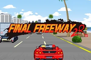 Punainen avoauto ajaa rannikkotiellä pilvisessä säässä, ja taustalla näkyy teksti Final Freeway 2R