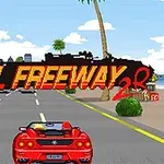Punainen avoauto ajaa rannikkotiellä pilvisessä säässä, ja taustalla näkyy teksti Final Freeway 2R