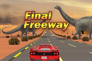 Punainen urheiluauto ajaa autiomaassa, tiellä näkyvät suuret dinosaurukset ja taustalla on auringonlasku