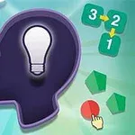 Kuvassa on violetti profiilisiluetti, jonka sisällä on hehkulamppu, ja ympärillä on numeroita sekä geometrisia muotoja