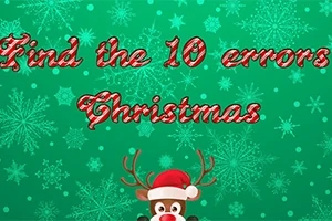 Vihreä tausta lumihiutalekuvioilla, jossa lukee punaisella tekstillä Find the 10 errors Christmas ja alareunassa on piirretty poro, jolla on punainen nenä ja jouluhattu