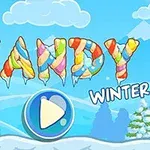 Kuva sisältää talvisen maiseman, jossa värikkäästi koristeltu jäinen teksti ja play-painike keskellä, taustalla lumiset vuoret ja pilviä