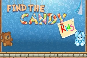 Sinisellä taustalla on värikkäästi kirjaillut sanat Find the Candy, nallekarhu, sininen koiranpentu ja paperi, jossa lukee Kids