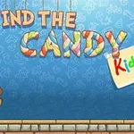 Sinisellä taustalla on värikkäästi kirjaillut sanat Find the Candy, nallekarhu, sininen koiranpentu ja paperi, jossa lukee Kids