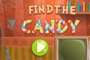 Tekstillä Find the Candy koristeltu kuva, jossa on värikkäät karkkikirjaimet, vihreä toistopainike, hämähäkinseitti ja televisioruutu