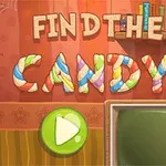 Tekstillä Find the Candy koristeltu kuva, jossa on värikkäät karkkikirjaimet, vihreä toistopainike, hämähäkinseitti ja televisioruutu