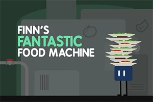 Finns Fantastic Food Machine -teksti vihreällä ja valkoisella värillä, ja oikealla on sininen hahmo, joka pitelee pinottuja lautasia