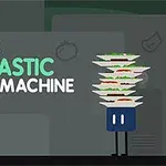Finns Fantastic Food Machine -teksti vihreällä ja valkoisella värillä, ja oikealla on sininen hahmo, joka pitelee pinottuja lautasia