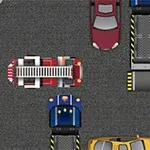 Paljon autoja parkkipaikalla, joista yksi on paloauto ruudukkojen välissä