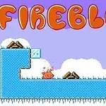 Tulinen hahmo hyppää jääkentällä, jossa on esteitä ja piikkejä, taustalla näkyy pilviä ja oranssi teksti FIREBLOB