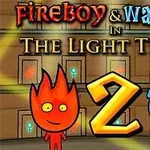 Kuvassa on punainen liekin muotoinen hahmo ja sininen vesipisaran muotoinen hahmo kirkkaan taustan edessä, tekstin Fireboy & Watergirl in The Light Temple ja numeron 2 kanssa