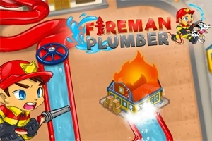 Piirrosmainos, jossa on palomies suihkuttamassa vettä palavalle rakennukselle ja teksti Fireman Plumber
