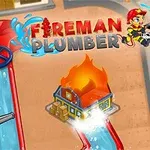 Piirrosmainos, jossa on palomies suihkuttamassa vettä palavalle rakennukselle ja teksti Fireman Plumber