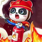 Panda palomiehen puvussa sammuttamassa tulta sankoruiskulla