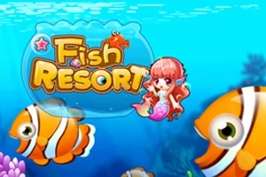 Pieni ruskeahiuksinen merenneito ja kaksi iloista raidallista kalaa kirkkaansinisessä vedenalaisessa ympäristössä, tekstillä Fish Resort
